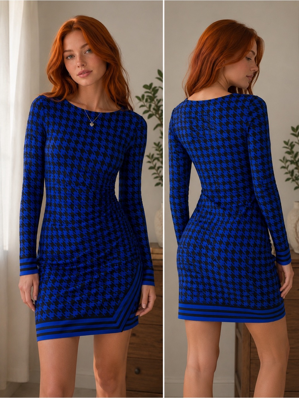 Michael Kors Blue & Black Houndstooth Sheath Dress 3/4 Sleeve Career Office